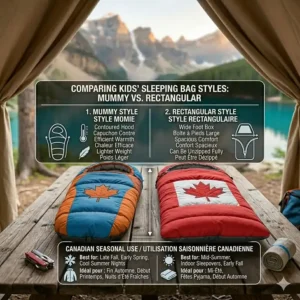 Comparison illustration showing the difference between mummy-style and rectangular kids sleeping bags for various Canadian seasons.