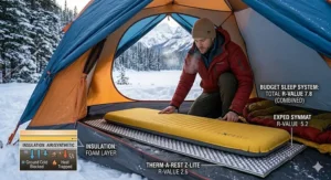 A simple graphic showing a BPA-free water bottle inside a sleeping bag, a classic "cheap" Canadian winter camping warmth hack.