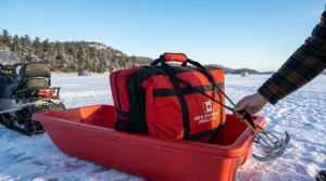 A photorealistic close-up of the red and black portable ice fishing hut, tightly folded into its custom, compact carrying bag, which features bilingual branding (Abri de Pêche Portable / Portable Ice Hut) and a stylized maple leaf, as a hand secures it into a heavy-duty sled on the ice.