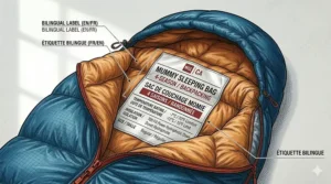 Product detail showing bilingual English and French labeling for a mummy sleeping bag for backpacking (sac de couchage momie pour la randonnée).