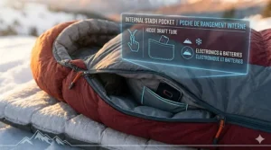 Illustration of an internal stash pocket in a cold weather sleeping bag designed to keep electronics warm in sub-zero temperatures.