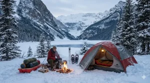 Illustration showing two stacked sleeping pads to increase R-value for affordable warmth during a Canadian winter night.