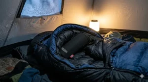 Water bottle tucked inside a sleeping bag to prevent freezing.