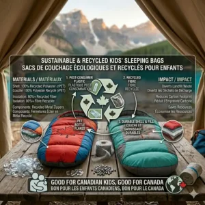 Eco-friendly illustration of a kids sleeping bag made from recycled materials, appealing to environmentally conscious Canadian parents.