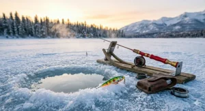 A clean-burning propane ice auger positioned near a winter fishing shelter on a frozen Canadian landscape.
