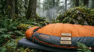 Illustration showing water-resistant DWR coating on a 3-season sleeping bag to protect against Canadian dampness and morning dew.