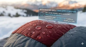 Close-up illustration of water-resistant ripstop nylon fabric used in winter sleeping bags for damp Canadian environments.