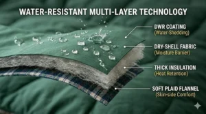 Close-up illustration of the water-resistant outer shell of a double sleeping bag for couples, protecting against damp Canadian weather.