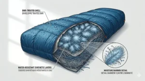 Illustration of water-resistant insulation in a mummy sleeping bag for backpacking, essential for damp Canadian backcountry conditions.