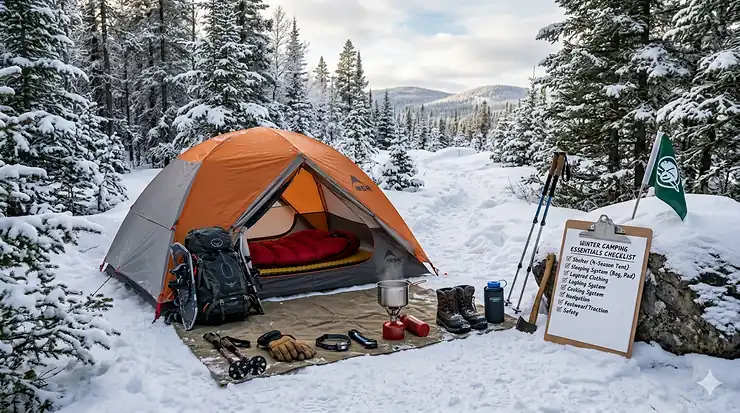 A cozy winter campsite in a Canadian evergreen forest with a high-quality 4-season tent and a checklist overlay. winter camping essentials checklist