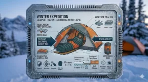 A camper inside a four-season tent using a -30 degree sleeping bag during a Canadian winter expedition.