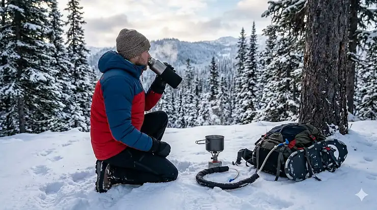 Camper drinking from an insulated bottle in a Canadian snowy forest. prevent water bottle freezing camping
