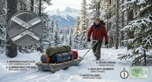 Illustration of a camper using snowshoes to pack down a tent site, a key skill for budget winter camping in Canada.