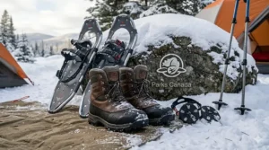 Illustrated winter camping essentials featuring insulated waterproof boots, snowshoes, and ice traction cleats.