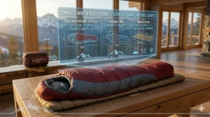 An illustration showing a complete Canadian winter sleep system including a cold weather sleeping bag, thermal liner, and high R-value pad.