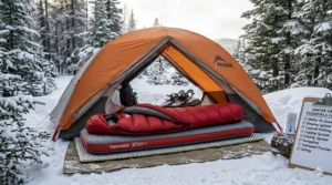 Illustration of a winter-rated sleeping bag and an insulated R-value sleeping pad for Canadian cold-weather camping.