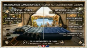 Illustration of a 3-season camping air mattress suitable for Canadian weather from hot summer nights to cool autumn camping.