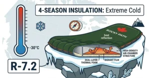 Illustration of a high R-value inflatable sleeping pad for camping in snow, featuring maple leaf branding and winter gear icons.