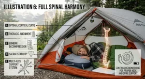 Anatomical diagram of a back sleeper on a camping pad with a specialized camping pillow for neck support, illustrating neutral spinal alignment.