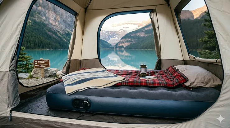A couple relaxing on a double built-in pump air mattress for camping inside a green dome tent at a lakeside campsite in Canada.