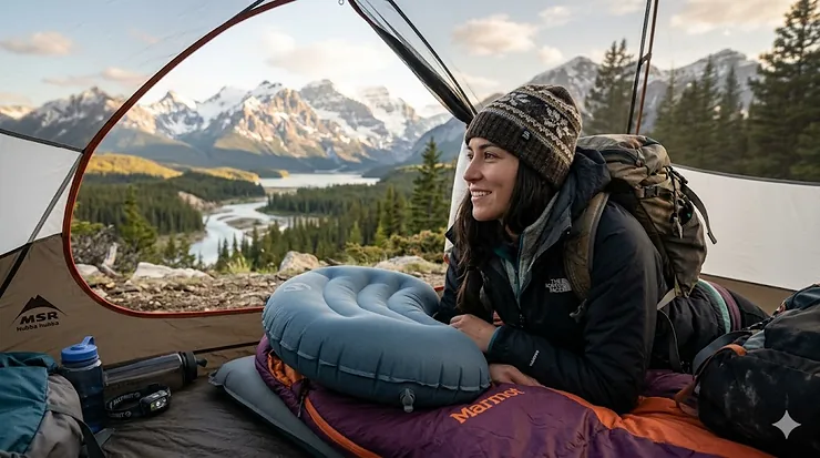 Inflatable camping pillow for hiking in the Canadian Rockies.