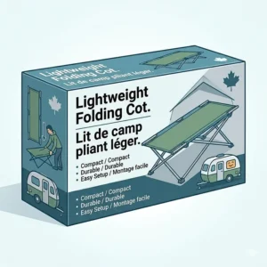 An illustration of retail packaging for a camping cot featuring prominent bilingual English and French text: "Lightweight Folding Cot / Lit de camp pliant léger."