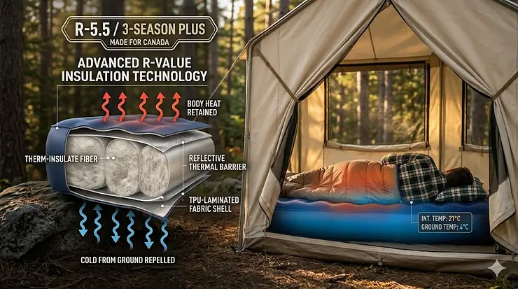 Technical diagram showing the R-value insulation of a camping air mattress blocking cold from the ground to keep campers warm during Canadian spring nights.