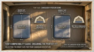 Illustration comparing twin and queen camping air mattress dimensions to fit properly inside a standard Canadian family tent.