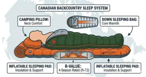 Illustration of a complete sleep system including a sleeping bag, inflatable sleeping pad for camping, and a pillow for a comfortable night in the woods.