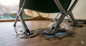 Illustration 8 showing the stabilizing effect of wide, all-terrain pivoting feet on a camping cot set on soft, wet muskeg at a Canadian campsite, prevented from sinking into mud, with bilingual technical labels in English and French (STABILITÉ : RÉSISTANCE À LA BOUE ET AU MUSKEG).