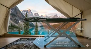 Illustration showing how the best camping cot provides thermal insulation from cold ground in Northern Canada.