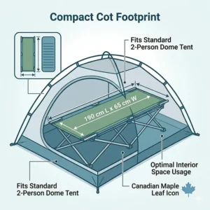 An overhead vector illustration providing a cutaway view of a standard Canadian 2-person dome tent, showing the compact dimensions and footprint of a lightweight folding cot inside.