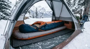 Gear checklist for "camping d’hiver" featuring a high-R-value insulated sleeping pad, essential for safety in Canada’s northern territories.