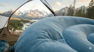 Inflatable camping pillow shown next to a water bottle for scale.