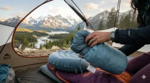 Compact inflatable camping pillow folded inside a backpack.