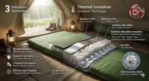 An illustrated instruction guide inside a canvas tent, showing a couple quickly deflating and tightly rolling their double wide sleeping pad for compact packing. Includes detailed labels for valves and compressed size, with Canadian bilingual EN/FR text.