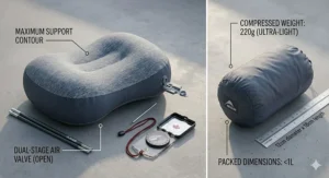Product scale view of an inflatable camp pillow and its compact travel stuff sack, showcasing lightweight backpacking gear optimized for Canadian hiking trips.