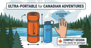 Comparison illustration of a rolled-up inflatable sleeping pad next to a standard water bottle, highlighting portability for portaging in Algonquin Park.