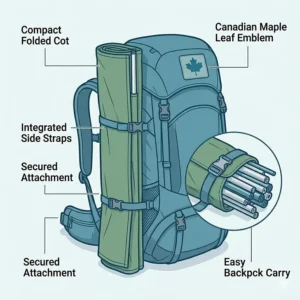 An illustration of a hiking backpack showing how a compact, folded lightweight camping cot is securely strapped to the side for transport, featuring a Canadian maple leaf emblem.