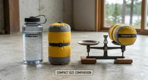 Illustration showing an ultralight sleeping pad under 1 pound rolled up to the size of a water bottle for compact backpacking.