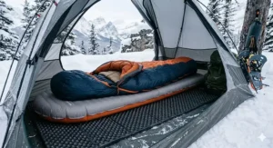 A cross-section diagram showing how an insulated sleeping pad for winter camping prevents convective heat loss from the body to the frozen ground.