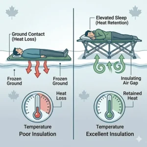 A comparative diagram illustration demonstrating how a lightweight folding cot for camping keeps sleepers elevated off the frozen Canadian Shield ground to prevent heat loss.