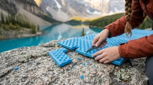 Illustration of a hiker trimming a closed-cell foam pad to save weight for ultralight trekking.