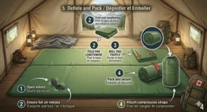 A photorealistic guide illustration detailing the deflation and packing process for a double wide sleeping pad inside a canvas tent. Includes step-by-step instructions (valves, folding, rolling) with Canadian bilingual EN/FR text call-outs.