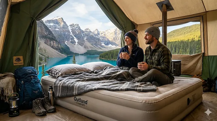 Premium double air mattress queen size camping setup inside a tent with a scenic view of Canadian pine forests and mountains.