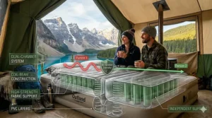 Internal view illustration of a double air mattress queen size camping mat highlighting structural support coils designed to eliminate motion transfer.