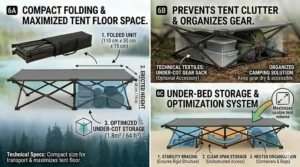 Illustration showing gear stored underneath a double camping cot for two people to maximize tent floor space.