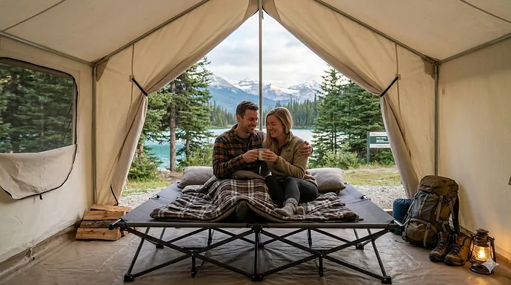 A couple relaxing on a double camping cot for two people inside a tent with a view of a Canadian pine forest.