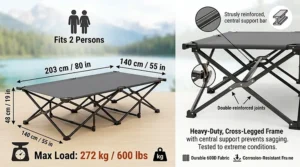 Infographic showing the dimensions and weight capacity of a double camping cot for two people.