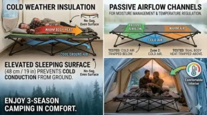 Diagram illustrating how a double camping cot for two people elevates campers off the cold ground for 3-season Canadian camping.